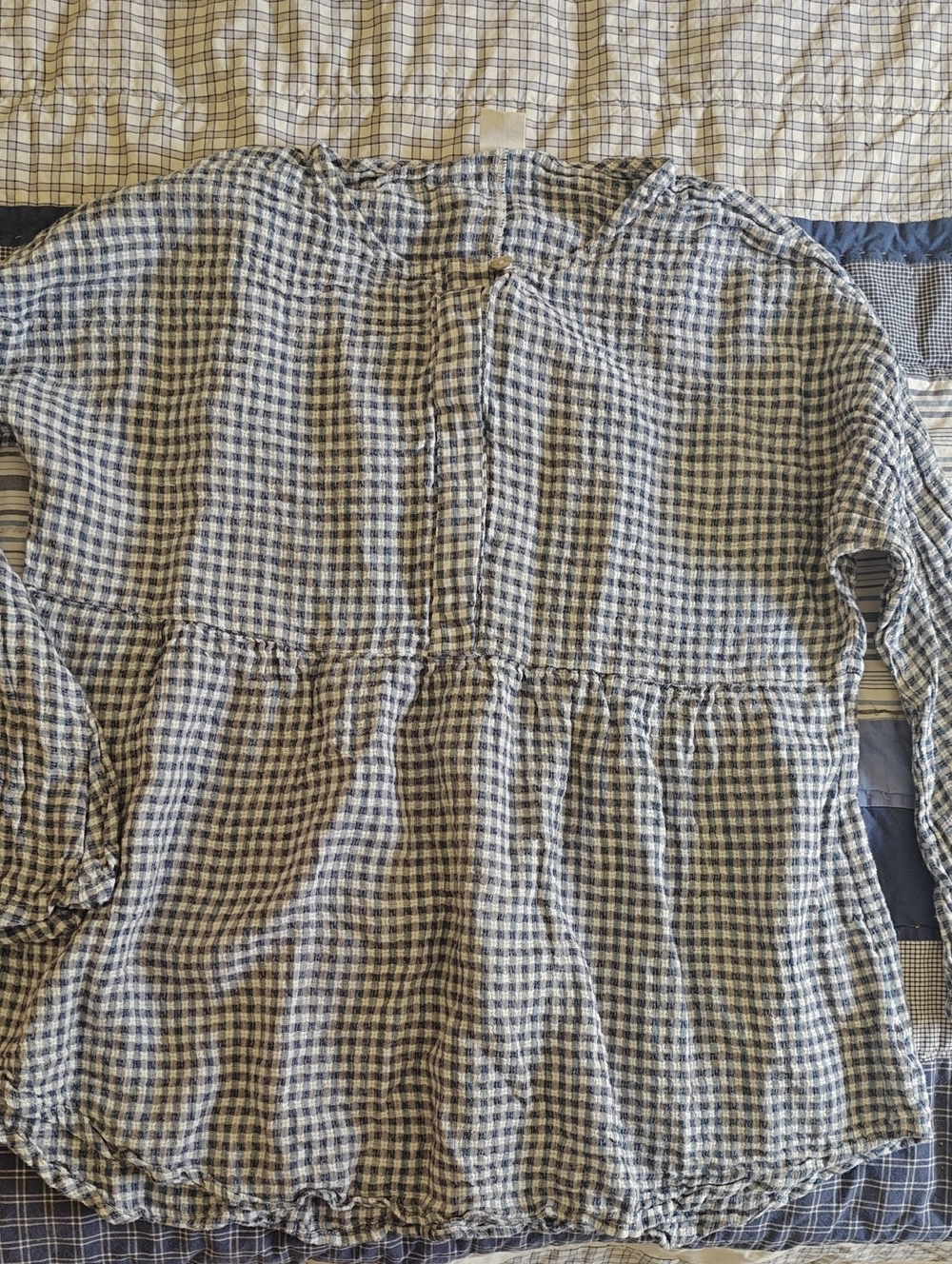 Womens Blue and White Gingham Peplum Blouse